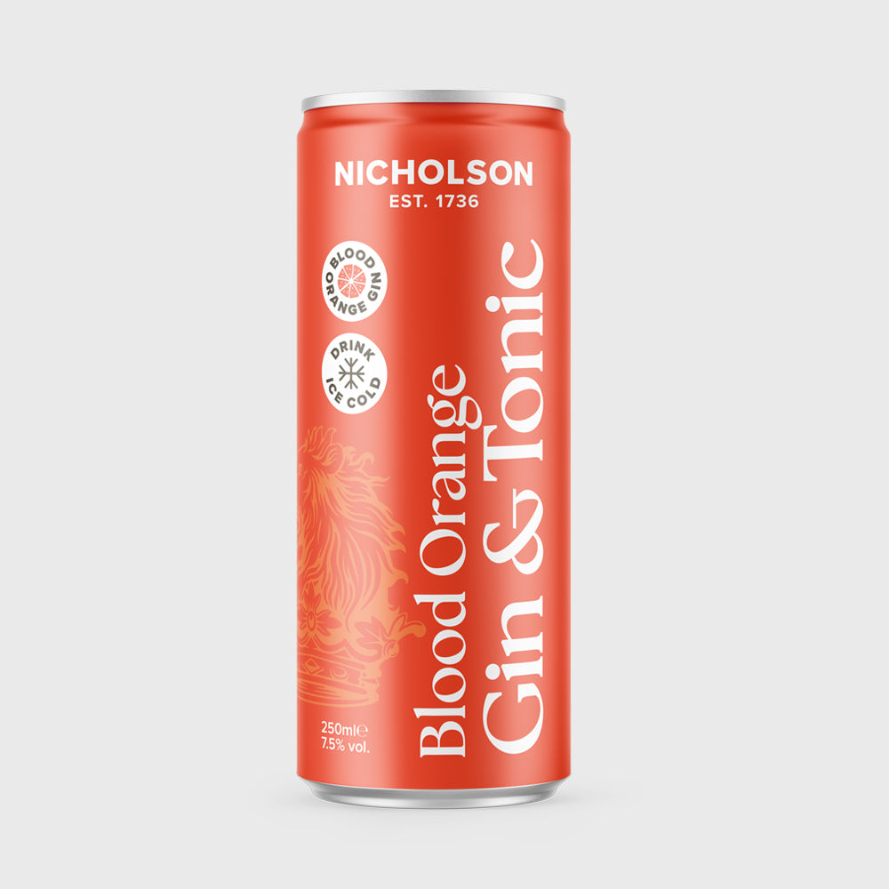 Ready to drink can of Nicholson Blood Orange Gin & Tonic on a light grey background