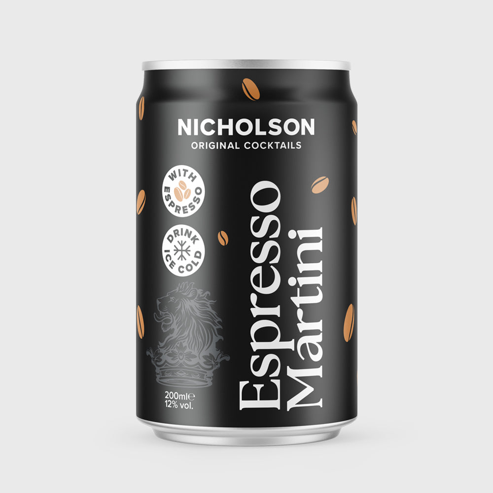 Ready to drink can of Nicholson Espresso Martini cocktail on a light grey background