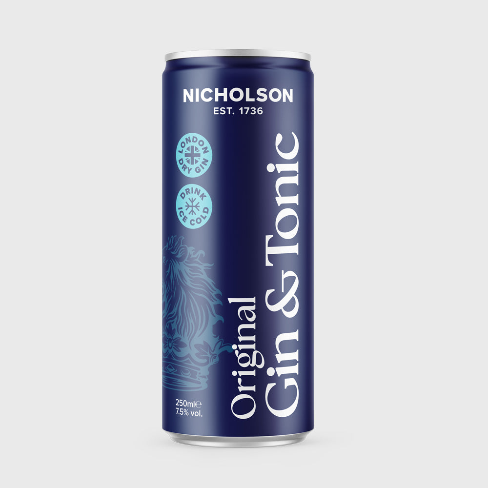 Ready to drink can of Nicholson Original Gin & Tonic on a light grey background