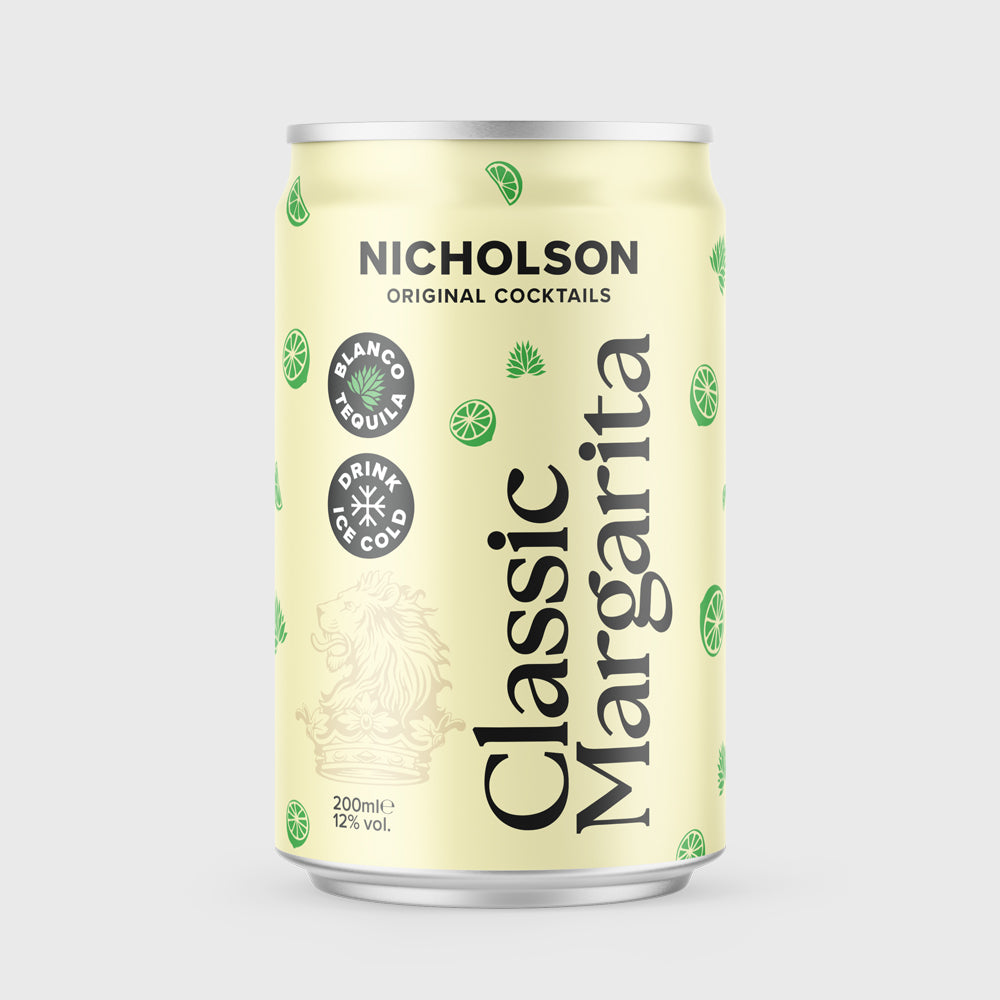 Ready to drink of Nicholson Classic Margarita cocktail on a light grey background