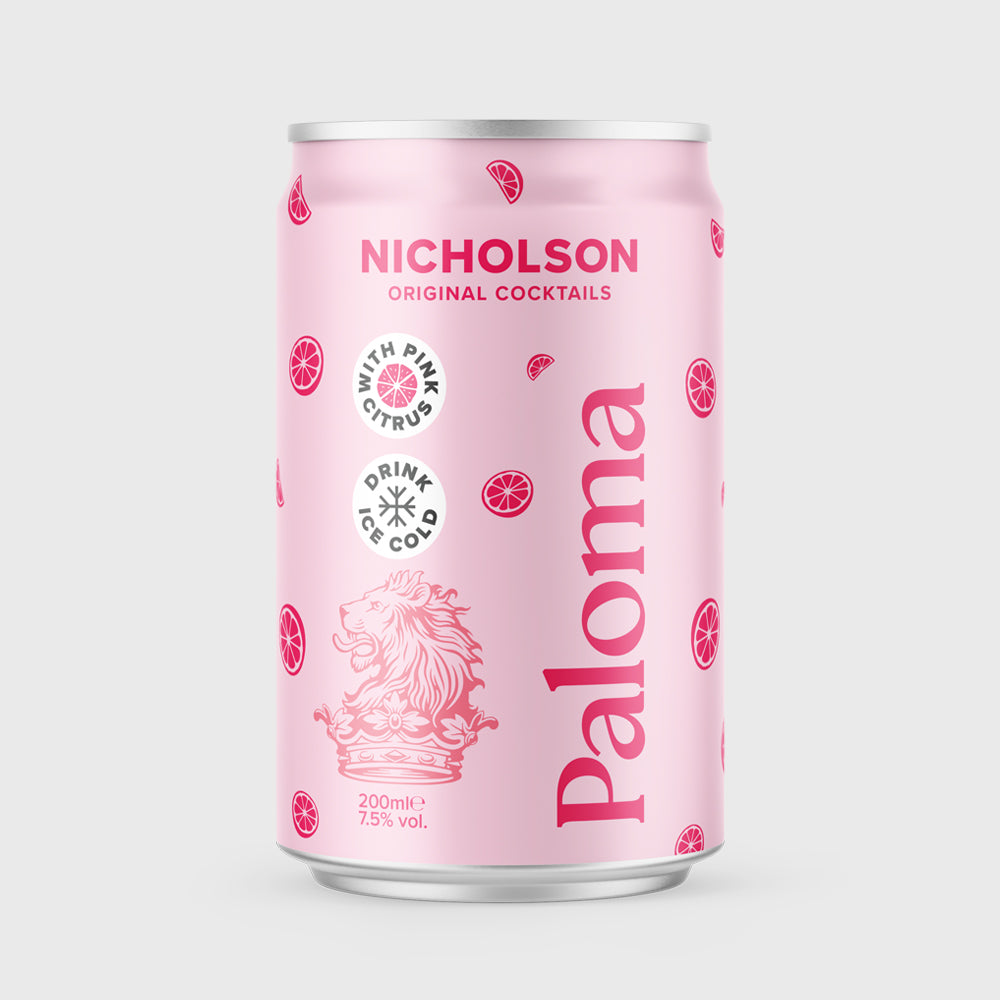 Ready to drink can of Nicholson Paloma cocktail on a light grey background