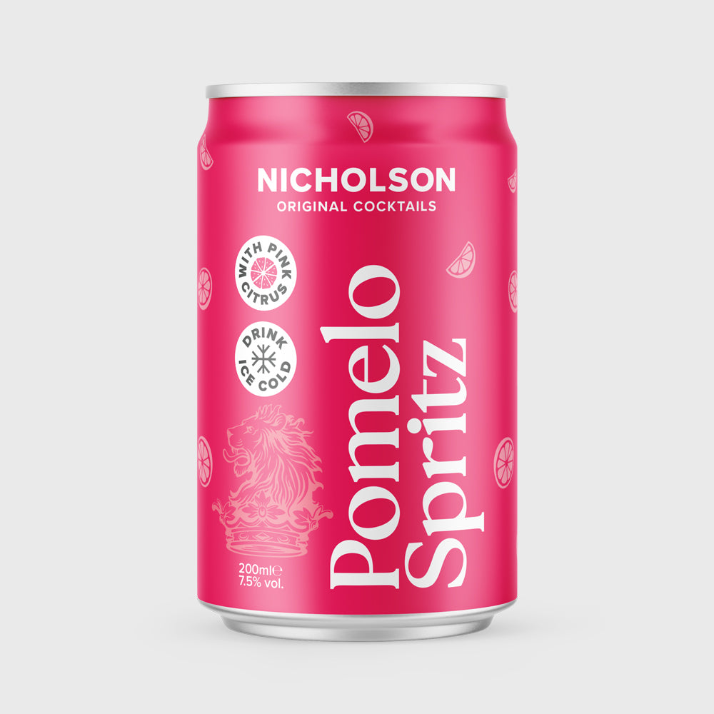 Ready to drink can of Nicholson Pomelo Spritz cocktail on a grey background